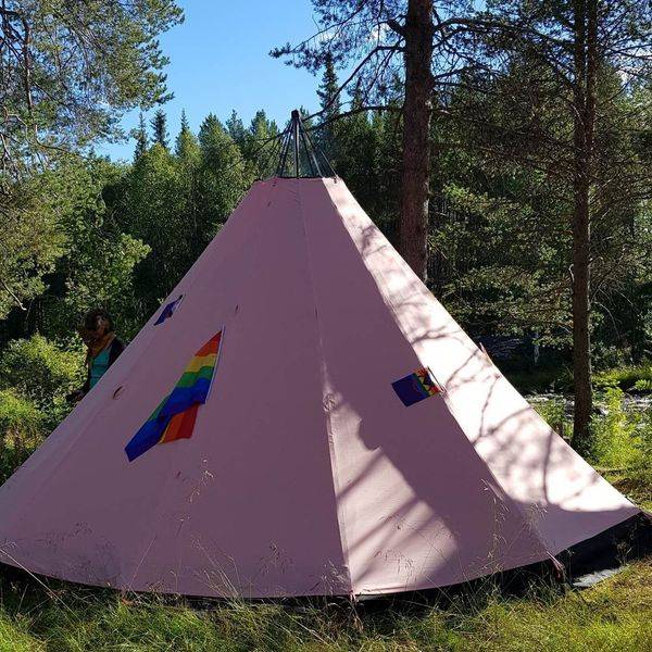 A lávvu in the woods with various pride flags attached to its side.
