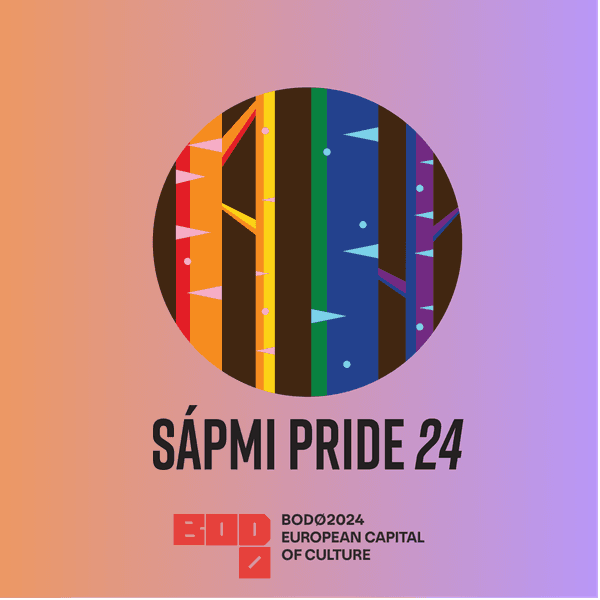 A round rainbow-colored logo representing birch wood, with the text "Sápmi Pride 24". Underneath is another logo with the letters "BODØ", with the text "Bodø2024 European capital of culture".