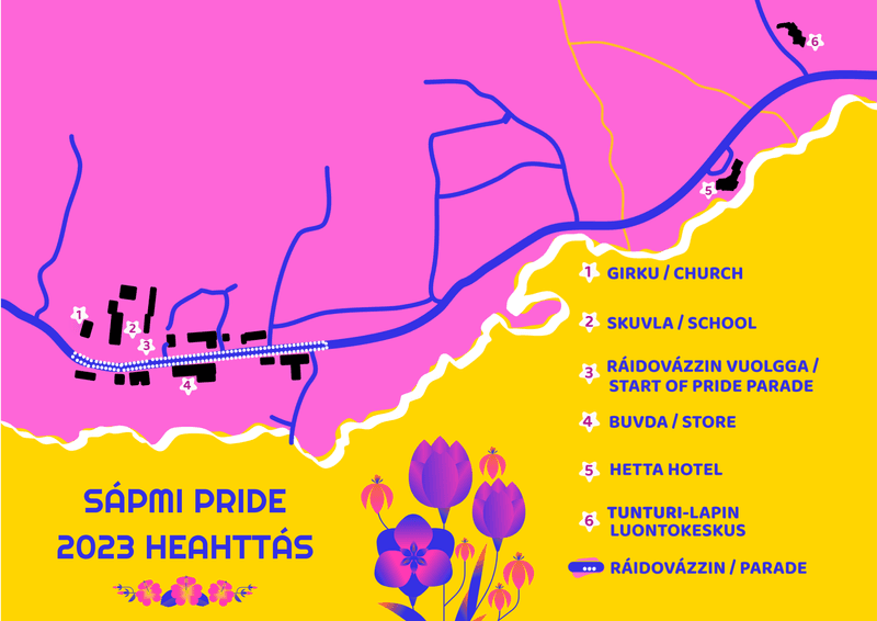 A map of the parade route and the venues that will be used for Sápmi Pride. The map has 6 spots marked out: The church, the school, the start of the parade (which is by the school), the grocery store, Hetta hotel and Tunturi-Lapin Luontokeskus)